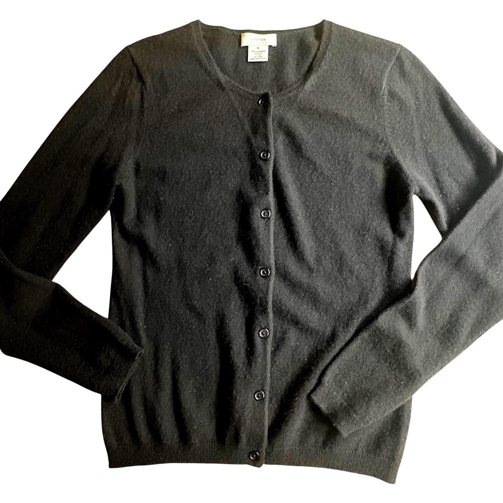 $420 Neiman Marcus 100% Cashmere Cardigan Sweater Blk Crewneck Academia Button M